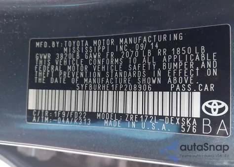 2015 Toyota Corolla S Plus from USA, damaged, VIN 5YFBURHE1FP208906